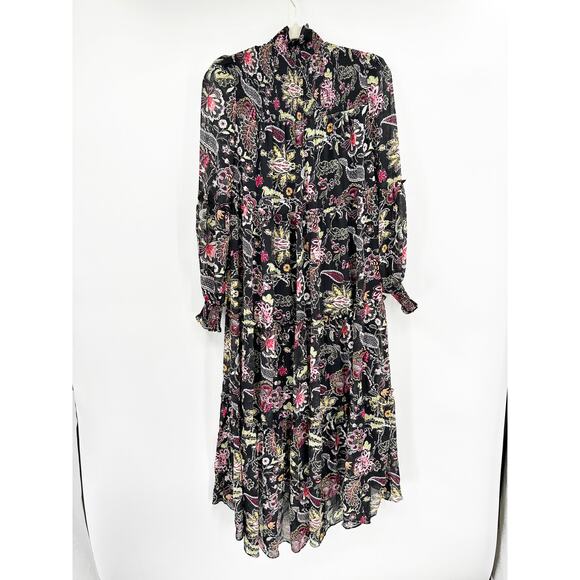 Cinq a Sept Paisley Long Sleeve Dress Black High Low Hem Mock Neck 00 - Picture 3 of 5